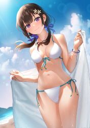 1girl absurdres beach bikini black_hair blue_sky breasts cloud commentary_request day deca_purio dutch_angle flower front-tie_bikini_top front-tie_top hair_flower hair_ornament highres low_twintails medium_breasts navel ocean official_art original outdoors purple_eyes side-tie_bikini_bottom sky smile solo swimsuit towel twintails white_bikini