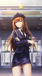 Rule 34 | 1girl, archived source, armband, black necktie, blue eyes, blue hat, blue jacket, blue skirt, breasts, brown hair, closed mouth, collared shirt, cowboy shot, crossed arms, cuffs, female service cap, game cg, green armband, hair between eyes, handcuffs, hat, highres, holding, holding handcuffs, huke, jacket, japan national police, long hair, long sleeves, looking at viewer, makise kurisu, medium breasts, miniskirt, necktie, official alternate costume, official art, pencil skirt, police, police uniform, policewoman, shirt, skirt, solo, standing, steins;gate, straight hair, third-party source, white shirt
