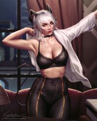 1girl black_bra black_horns black_pants black_tail bra breasts cleavage collarbone commentary curled_horns demon_tail earrings english_commentary grey_hair hair_between_eyes high-waist_pants highres horns indoors jewelry key_earrings krystopher_decker lace lace-trimmed_bra lace_trim large_breasts long_hair looking_at_viewer mole mole_on_breast mole_under_eye pants parted_lips red_eyes shirt signature single_bare_shoulder solo tail tight_clothes tight_pants underwear white_shirt window wuthering_waves zani_(wuthering_waves)