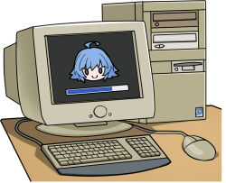 ahoge artist_request blue_eyes blue_hair chibi chibi_only chinese_commentary computer computer_keyboard computer_mouse eniac_(neural_cloud) girls&#039;_frontline girls&#039;_frontline_neural_cloud long_hair monitor official_art progress_bar second-party_source smile twintails