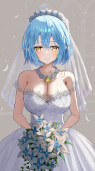 1girl absurdres ahoge alternate_costume blue_hair blush bouquet breasts chest_jewel cleavage collarbone commentary_request cowboy_shot dress elf flower grey_background heart heart_ahoge highres holding holding_bouquet hololive large_breasts pointy_ears short_hair simple_background solo strapless strapless_dress veil virtual_youtuber wedding_dress white_dress winvita yukihana_lamy