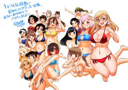 Rule 34 | 6+girls, :3, ;d, barefoot, bikini, black hair, blonde hair, blue bikini, blue eyes, blunt bangs, breasts, brown eyes, brown hair, character request, closed mouth, commentary request, double bun, earrings, expressionless, front-tie bikini top, front-tie top, glasses, green eyes, green hair, grin, hair bun, hairband, hakubishi ran, hibino misuzu, hug, hug from behind, inukai koharu, itachi sakurako, jewelry, kamogawa mai, karasuno rin, kijitani ayano, kujaku makoto, kuzuryuu hanako, large breasts, long hair, medium breasts, multicolored hair, multiple girls, navel, nekomiya moe, one eye closed, open mouth, orange bikini, outstretched arms, pink bikini, pink hair, ponytail, purple bikini, purple eyes, red-framed eyewear, red bikini, red eyes, red hair, school swimsuit, sharp teeth, shiratori kanon, shishidou seira, short hair, side-tie bikini bottom, simple background, smile, sogabe toshinori, spread arms, stomach, streaked hair, swept bangs, swimsuit, takae kasumi, tan, teeth, translation request, tsuruhashi madoka, usagi kanae, ushigome yuna, white background, white bikini, white hairband, yankee jk kuzuhana-chan, yellow bikini