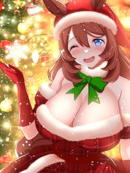 Rule 34 | 1girl, absurdres, amadeus (amadeus08462844), blue eyes, blush, braid, breasts, brown hair, christmas, christmas tree, cleavage, gloves, hat, highres, huge breasts, one eye closed, open mouth, red gloves, santa costume, santa hat, sidelocks, single braid, solo, super creek (umamusume), umamusume