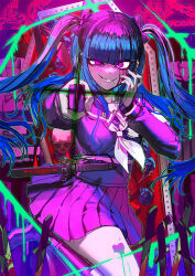 Rule 34 | 1girl, aiming, aiming at viewer, amemiya darumi, blood, blood drip, blue flower, blue hair, blue rose, boots, bow, coffin, ear piercing, flower, grin, hands up, holding, holding knife, holding weapon, knife, long hair, looking at viewer, neckerchief, piercing, pink eyes, rose, school uniform, second-party source, sheath, sheathed, skull, smile, solo, teeth, the hundred line -last defense academy-, twintails, wata (attaka towel), weapon, white neckerchief