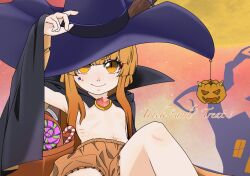 1girl black_cloak bloomers blunt_bangs breasts candy candy_cane cloak closed_mouth convenient_censoring food halloween halloween_bucket hat ibuki_suika jack-o&#039;-lantern kurohiba lollipop long_hair looking_at_viewer navel orange_bloomers orange_cloak orange_eyes orange_hair purple_hat red_brooch small_breasts smile solo star_sticker sticker_on_face swirl_lollipop topless_female touhou trick_or_treat two-sided_cloak two-sided_fabric underboob underwear witch_hat