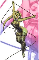 1girl alien animification arms_up bdsm breasts brown_eyes cleavage collar colored_skin contrapposto covered_erect_nipples curvy dancer dancing ear_protection eyeshadow feet female_focus fishnets full_body fundoshi green_skin headdress highres japanese_clothes large_breasts leash lips lipstick makeup nose oola revealing_clothes robaato sandals see-through_clothes slave solo star_wars thighhighs twi&#039;lek wide_hips zoom_layer