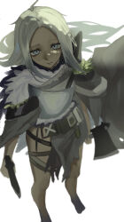 1girl absurdres arknights armor axe barefoot breastplate closed_mouth forehead from_above grey_eyes grey_hair highres holding holding_axe inam_(arknights) long_hair looking_at_viewer looking_up naruse_azusa parted_bangs pauldrons shoulder_armor simple_background solo standing very_long_hair white_background