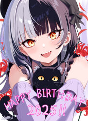 1girl absurdres akamiya_mumu alternate_costume black_cat black_hair cat commentary detached_sleeves english_commentary grey_hair happy_birthday highres hololive hololive_english looking_at_viewer multicolored_hair open_mouth shiori_novella shirt smile solo split-color_hair virtual_youtuber white_shirt white_sleeves yellow_eyes