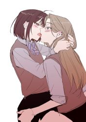2girls absurdres black_skirt blue_eyes bow bowtie brown_hair brown_sweater_vest collared_shirt commentary_request crazy_be ear_piercing earrings french_kiss grey_bow grey_bowtie grey_shirt hand_in_another&#039;s_hair hand_on_another&#039;s_waist highres jewelry kiss korean_commentary long_hair multiple_girls original piercing pleated_skirt purple_eyes shirt short_hair simple_background sitting sitting_on_lap sitting_on_person skirt striped_bow striped_bowtie striped_clothes stud_earrings sweater_vest tongue tongue_out white_background yuri