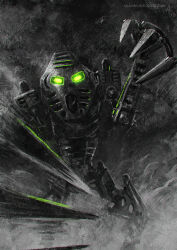 2018 aerozopher bionicle black_theme claws commentary dust english_commentary glowing glowing_eyes green_eyes humanoid_robot kanohi_(bionicle) looking_at_viewer mask motion_blur onua_(bionicle) robot the_lego_group watermark web_address