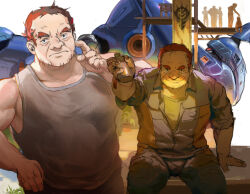 Rule 34 | absurdres, commentary, commentary request, drink, dual persona, english commentary, facial hair, fat, fat man, flag, flask, giving food, gundam, gundam 0080, hangar, highres, holding, holding flask, jumpsuit, kampfer (mobile suit), looking at viewer, lying, machinery, manly, mecha, mikhail kaminsky, mobile suit, multiple boys, muscular, muscular male, old, one-eyed, radio antenna, robot, scratching cheek, sitting, tank top, thick eyebrows, zeon
