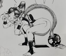 1girl breasts fatal_fury grin large_breasts ninja shiranui_mai shiwasu11 smile snk squatting the_king_of_fighters traditional_media