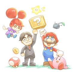 1girl 2boys ?_block animal_crossing balloon_fight coin iwata_satoru kirby kirby_(series) mario mario_(series) multiple_boys nintendo pikmin_(creature) pikmin_(series) rock_pikmin simple_background star_(symbol) super_smash_bros. villager_(animal_crossing) white_background ziro_(daydozen)