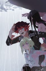 3boys androgynous ascot black_hair black_jacket cloud cloudy_sky green_hair gueira height_difference holding holding_unworn_clothes jacket km_(ksolee1201) lio_fotia long_hair long_sleeves looking_up male_focus meis_(promare) multiple_boys one_eye_closed promare purple_eyes rain red_eyes red_hair shirt short_hair sky wet white_ascot white_shirt