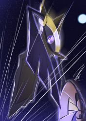 absurdres aegislash creatures_(company) game_freak gen_6_pokemon glowing glowing_eyes highres looking_at_viewer mitsukuma448 moon motion_lines night nintendo pointy_ears pokemon pokemon_(creature) purple_eyes signature sky star_(sky) starry_sky