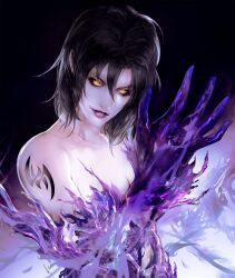 1girl bandai_namco black_background black_hair breasts claws corruption dark_persona highres kazama_jun large_breasts lips momokulala possessed possession shoulder_tattoo smile tattoo tekken tekken_2 tekken_tag_tournament tekken_tag_tournament_2 unknown_(tekken) yellow_eyes