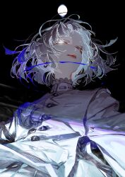 1girl absurdres black_background blue_eyes blunt_ends buttons commentary_request earrings glowing glowing_eye heterochromia highres jacket jewelry long_sleeves looking_at_viewer moon open_mouth original rolua short_hair solo upper_body white_eyes white_hair white_jacket score:0 rating:general Rule 34 | 1girl, absurdres, black background, blue eyes, blunt ends, buttons, commentary request, earrings, glowing, glowing eye, heterochromia, highres, jacket, jewelry, long sleeves, looking at viewer, moon, open mouth, original, rolua, short hair, solo, upper body, white eyes, white hair, white jacket