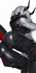 1girl ass belt black_skin breasts colored_skin crotch echanis_enicha hair_over_eyes highres horns jacket medium_breasts original ponytail tail white_background white_hair