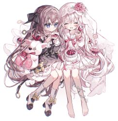 2girls ^_^ arcaea barefoot black_bow black_dress blue_eyes blueberry boots bow bowtie brown_hair cake closed_eyes closed_mouth collared_dress cookie copyright_name cross-laced_footwear cup dress dress_bow flower food footwear_bow fork frilled_dress frilled_sleeves frills fruit fruit_tart full_body gold_bow hair_bow happy hat hat_flower high_heel_boots high_heels highres hikari_(arcaea) holding holding_cup holding_fork icing knees light_blush light_particles light_smile long_hair long_sleeves loose_hair_strand miniskirt multiple_girls open_mouth pink_flower pink_hair pink_rose plant plate pleated_skirt red_bow red_bowtie rose sailor_collar school_uniform serafuku shirt short_dress simple_background single_bare_leg sitting skirt smile sparkle strawberry stuffed_animal stuffed_dog stuffed_toy tairitsu_(arcaea) tart_(food) tea teacup teapot teeth toes toosaki upper_teeth_only veil very_long_hair vine_on_leg vines white_background white_footwear white_sailor_collar white_serafuku white_shirt white_skirt white_veil white_wrist_cuffs wrist_cuffs