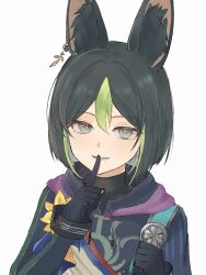 1boy animal_ear_fluff animal_ears arm_up black_gloves black_hair blue_eyes colored_inner_hair commentary_request double-parted_bangs drawstring earrings genshin_impact gloves green_hair highres janedoe_1229 jewelry large_ears long_sleeves looking_at_viewer male_focus multicolored_hair piercing simple_background single_earring solo streaked_hair tighnari_(genshin_impact) upper_body white_background