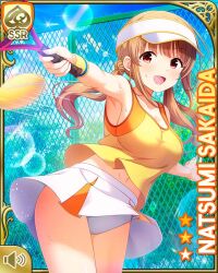 1girl :d breasts brown_hair card_(medium) character_name day female_focus girlfriend_(kari) hair_ornament large_breasts long_hair looking_at_viewer movement official_art open_mouth orange_shirt outdoors qp:flapper racket red_eyes sakaida_natsumi scrunchie shirt skirt smile solo sparkle sportswear standing tank_top tennis_court tennis_racket tennis_uniform thighhighs white_skirt white_thighhighs