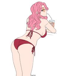 1girl ass big_breasts bikini bikini_bottom bikini_top black_clover breasts drinking female highres huge_ass looking_at_viewer pink_hair skwd sunglasses swimsuit vanessa_enoteca