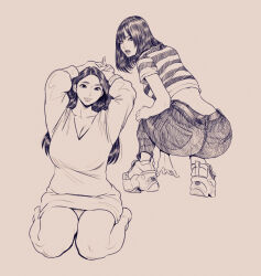 2girls absurdres arms_up ass belt breasts brown_background collared_shirt cropped_shirt dress hand_on_own_knee highres large_breasts leaning_forward medium_hair monochrome multiple_girls nekonomesan777 panties parted_lips photo-referenced platform_shoes real_life robo_ink shiorin_(viridianan58872) shirt shoes sitting smile sneakers squatting striped_clothes striped_shirt underwear wariza