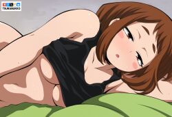 Rule 34 | 1girl, artist name, black tank top, bluesky logo, blush stickers, boku no hero academia, breasts, brown eyes, brown hair, fanbox logo, grey background, implied masturbation, lying, medium breasts, navel, nesoberi, on side, patreon logo, pixiv logo, short hair, solo, tank top, tsuranukko, twitter x logo, underboob, uraraka ochako