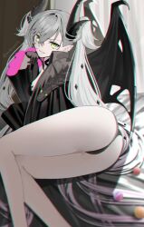 1girl ass black_hands black_jacket black_panties breasts colored_extremities demon_wings fate/grand_order fate_(series) green_eyes highres horns jacket lilith_(fate) long_hair looking_at_viewer mishiro_(ixtlolton) panties pointy_ears smile solo underwear white_hair wide_sleeves wings