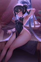 1girl absurdres arm_behind_head armpits backlighting bad_tag black_dress black_hair blue_archive blue_eyes braid braided_bun breasts china_dress chinese_clothes chinese_commentary closed_mouth coat commentary_request covered_erect_nipples covered_navel curtains dragon_print dress expressionless feet_out_of_frame hair_bun halo highres impossible_clothes impossible_dress indoors kisaki_(blue_archive) long_hair looking_at_viewer low-cut_armhole mixed-language_commentary night night_sky no_panties on_table round_window side_slit single_hair_bun single_side_bun sitting sitting_on_table sky sleeveless sleeveless_dress small_breasts solo table thighs unworn_coat vanta-black window