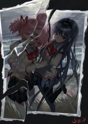 2girls absurdres akemi_homura artist_name black_background black_eyes black_hair black_pantyhose black_skirt bow bowtie brown_shirt chinese_commentary commentary_request highres jiye_p1 kaname_madoka long_hair looking_at_viewer mahou_shoujo_madoka_magica mitakihara_school_uniform multiple_girls pantyhose pink_eyes pink_hair plaid_clothes plaid_skirt puffy_sleeves red_bow red_bowtie sailor_collar school_uniform shirt short_twintails simple_background skirt standing standing_on_one_leg torn_photo twintails very_long_hair white_pantyhose white_sailor_collar