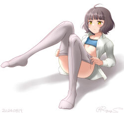ahoge blue_sports_bra bottomless brown_hair collared_shirt convenient_leg dress_shirt flat_chest grey_pantyhose kantai_collection kishinami_(kancolle) no_panties one-hour_drawing_challenge open_clothes open_shirt pantyhose ray.s seamed_legwear shirt short_hair side-seamed_legwear simple_background sports_bra undressing wavy_hair white_background white_shirt yellow_eyes