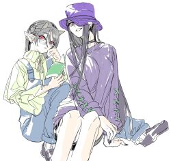 Rule 34 | 2girls, casual, glasses, green shirt, hat, highres, horns, itou (golem inc), looking at viewer, multiple girls, nippaku zanmu, purple hat, purple sweater, red eyes, shirt, smile, sweater, touhou, white background, yomotsu hisami