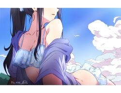 1girl arched_back bikini bird black_hair blue_bikini blue_scrunchie blue_sky breasts cleavage cloud collarbone dated day frilled_bikini frills hair_ornament hair_scrunchie head_out_of_frame highres inoue_takina jacket looking_to_the_side lycoris_recoil lying nii_manabu off_shoulder on_stomach outdoors ponytail purple_jacket scrunchie sidelocks single_bare_shoulder sky small_breasts solo swimsuit