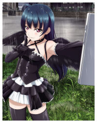1girl artbook black_dress black_gloves black_thighhighs black_wings blue_hair blush cellphone dress elbow_gloves gloves hair_bun highres long_hair looking_at_viewer love_live! love_live!_sunshine!! non-web_source official_art phone purple_eyes rain selfie single_hair_bun smartphone smile solo thighhighs tsushima_yoshiko wings zettai_ryouiki