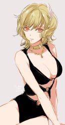 1girl bare_shoulders blonde_hair breasts citrinne_(fire_emblem) cleavage closed_mouth feather_hair_ornament feathers fire_emblem fire_emblem_engage gold_choker hair_between_eyes hair_ornament highres jewelry necklace nintendo red_eyes short_hair solo swimsuit twitter_username umi_(_oneinchswing)