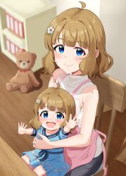 2girls absurdres aged_up ahoge blue_dress blue_eyes brown_hair chair closed_mouth dress flower hair_flower hair_ornament highres idolmaster idolmaster_million_live! indoors jewelry looking_at_viewer bad_tag mother_and_daughter multiple_girls on_chair open_mouth ribbed_sweater ring short_hair sitting sitting_on_lap sitting_on_person sleeveless sleeveless_sweater smile stuffed_animal stuffed_toy suou_momoko sweater tanukiinu005 teddy_bear turtleneck turtleneck_sweater wedding_ring white_flower white_sweater