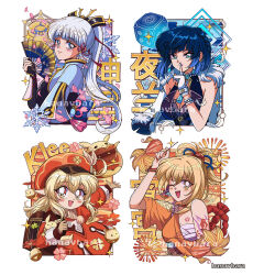 1990s_(style) 4girls aqua_eyes arm_armor arm_tattoo arm_up artist_name asymmetrical_sleeves ayaka_(genshin_impact) back_bow bag bandages bare_shoulders beret black_bodysuit black_shirt blonde_hair blue_background blue_bow blue_eyes blue_gemstone blue_hair blue_nails blue_ribbon blue_vest blush bodysuit border bow bracelet braid breasts brown_bag brown_gloves brown_sash character_name chest_tattoo clenched_hand closed_mouth cloud clover clover_print coat collar commentary crystal_earrings dark_blue_hair diagonal_bangs dice dodoco_(genshin_impact) dress earrings english_commentary feathers fingerless_gloves fingernails floral_print flower four-leaf_clover fur-trimmed_coat fur_trim gem genshin_impact gloves gradient_hair hair_between_eyes hair_ornament hair_ribbon hair_tubes hanavbara hand_fan hand_up hat hat_feather hat_ornament holding holding_fan index_finger_raised japanese_clothes jewelry jumpy_dumpty kimono klee_(genshin_impact) large_breasts lips long_fingernails long_hair long_sleeves looking_at_viewer low_twintails medium_breasts mole mole_under_eye multicolored_hair multiple_girls nail_polish necklace one_eye_closed open_clothes open_coat open_mouth open_vest orange_background orange_eyes orange_kimono outside_border pearl_necklace petals pink_ribbon pointy_ears pom_pom_(clothes) ponytail puffy_long_sleeves puffy_sleeves purple_ribbon red_background red_collar red_dress red_eyes red_flower red_headwear red_nails retro_artstyle ribbon sarashi sash shirt short_hair short_sleeves sidelocks single_bare_shoulder smile snowflakes standing star_(symbol) tassel tattoo teeth tongue twintails two-tone_dress vest vision_(genshin_impact) watermark white_border white_coat white_dress white_gloves yelan_(genshin_impact) yoimiya_(genshin_impact)
