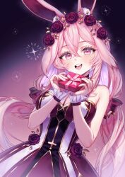 1girl :d absurdres animal_ears bare_shoulders blush bow box breasts by_mirin cleavage colored_inner_hair copyright_request dress flower gift gift_box hair_between_eyes hair_bow hair_flower hair_ornament highres holding holding_gift long_hair looking_at_viewer low_twintails medium_breasts multicolored_hair olianette open_mouth pink_eyes pink_hair purple_hair rabbit_ears red_flower red_rose rose smile solo strapless teeth twintails upper_teeth_only virtual_youtuber wrist_cuffs