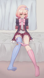 1girl absurdres asymmetrical_legwear belt black_coat blue_ribbon blue_thighhighs blush bob_cut chieru_(princess_connect!) coat commentary_request dot_nose eyelashes filene_p flat_chest hair_ornament hairband highres long_legs looking_at_viewer open_mouth panties panty_pull pink_hair pink_hairband pink_panties pink_ribbon pink_thighhighs plaid_clothes plaid_skirt princess_connect! raised_inner_eyebrows red_skirt ribbon shirt short_hair short_sleeves sitting skirt solo star_(symbol) star_hair_ornament thighhighs underwear white_shirt yellow_eyes