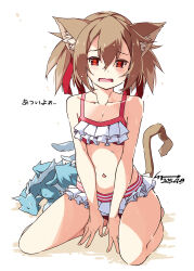 1girl animal_ears brown_hair cat_ears cat_girl cat_tail dragon feathered_dragon frills highres hot looking_at_viewer open_mouth pina_(sao) red_eyes shikei short_hair silica silica_(sao-alo) sitting sweat swimsuit sword_art_online tail twintails wariza