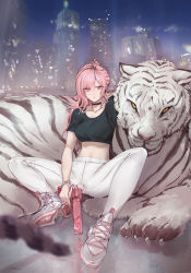 1girl absurdres black_choker black_shirt breasts choker city collarbone cover cover_image cover_page earrings grey_shoes gun handgun highres holding holding_gun holding_weapon jewelry jin_rou long_hair marble_(stone) marble_floor medium_breasts naega_wae_gongjunim-iya... navel novel_cover official_art orange_eyes pants pistol ponytail shirt shoes sitting sneakers solo tiger v-shaped_eyebrows weapon white_pants white_tiger