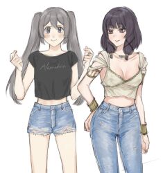 2girls alternate_costume black_shirt bracelet breasts cleavage closed_mouth clothes_writing commentary contemporary cowboy_shot crop_top denim denim_shorts ebony_(madoka_magica) grey_hair hair_between_eyes hand_on_own_hip hands_up highres jeans jewelry long_hair magia_record:_mahou_shoujo_madoka_magica_gaiden mahou_shoujo_madoka_magica medium_breasts midriff multiple_girls pants purple_eyes shirt short_sleeves shorts sidelocks simple_background smile standing symbol-only_commentary tokime_shizuka twintails white_background white_shirt yukishiro_(hitsuji)