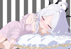 1girl absurdres ahoge bed bedroom blue_archive blush demon_girl demon_horns flat_chest frilled_skirt frills highres hina_(blue_archive) horns loli long_hair looking_at_viewer lying narrowed_eyes nexon nightgown off_shoulder on_side pajamas parted_bangs pijamas pillow pink_eyes pink_pajamas simple_background skirt sleepwear sleepy smile very_long_hair white_hair