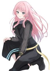 1girl absurdres bang_dream! bang_dream!_it&#039;s_mygo!!!!! beniyomogi black_boots black_shirt black_skirt blush boots chihaya_anon clenched_teeth commentary full_body grey_eyes highres kneeling long_hair long_sleeves looking_at_viewer open_mouth pink_hair see-through_clothes see-through_sleeves shirt simple_background skirt smile solo teeth white_background
