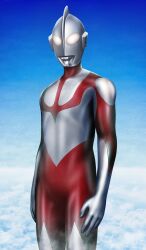 Rule 34 | 1boy, absurdres, alien, arms at sides, blue sky, cloud, cloudy sky, colored skin, commentary, compound eyes, cowboy shot, day, dorsal fin, film grain, glowing, glowing eyes, gradient skin, gradient sky, green skin, hand on own thigh, hetareman, highres, legs together, looking at viewer, male focus, multicolored skin, outdoors, red skin, shin ultraman, silver skin, sky, solo, standing, tokusatsu, toned, toned male, ultra series, ultraman, ultraman (shin), white eyes