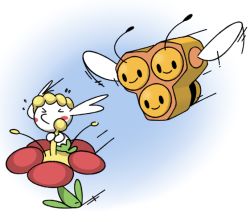 &gt;_&lt; 0_0 black_eyes blank_eyes blue_background blush blush_stickers chasing closed_eyes closed_mouth combee flabebe flabebe_(red_flower) fleeing flower flying flying_sweatdrops full_body gen_4_pokemon gen_6_pokemon gradient_background happy motion_lines nintendo pokemon pokemon_(creature) red_flower simple_background smile vilepluff