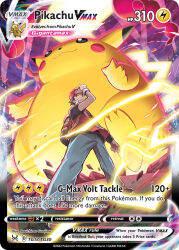 1boy :3 adjusting_clothes adjusting_headwear animal artist_name backpack bag blue_pants brown_hair card_(medium) character_name closed_mouth company_name copyright_name copyright_notice debris dynamax dynamax_band electricity english_text fat_pikachu gen_1_pokemon gigantamax gigantamax_pikachu glowing_tail gunjima_souichirou hat nintendo official_art oversized_animal pants pikachu pokemon pokemon_card pokemon_frlg pokemon_tcg red_(pokemon) red_clouds red_hat shoes short_hair smile standing third-party_source trading_card