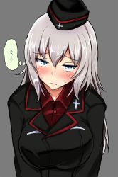 Rule 34 | ..., 10s, 1girl, arms at sides, black jacket, blue eyes, blush, breasts, closed mouth, cross, female focus, frown, garrison cap, girls und panzer, hair between eyes, hat, heart, highres, itsumi erika, jacket, kuromorimine military uniform, large breasts, long hair, long sleeves, looking at viewer, military, military uniform, poshi (ginmokusei), red shirt, shirt, silver hair, solo, spoken ellipsis, upper body, uu~