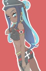 1girl armband ass black_hair blue_eyes dark-skinned_female dark_skin earrings female_focus gloves gun gym_leader highres hoop_earrings itsukarine jewelry multicolored_hair nazi nessa_(pokemon) nintendo pokemon pokemon_swsh simple_background solo swastika trigger_discipline weapon wristband